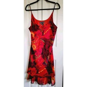 A Wild Thyme 16 Red Orange Vintage 90's Tropical  Floral Flowy Dress‎ Lined NWOT
